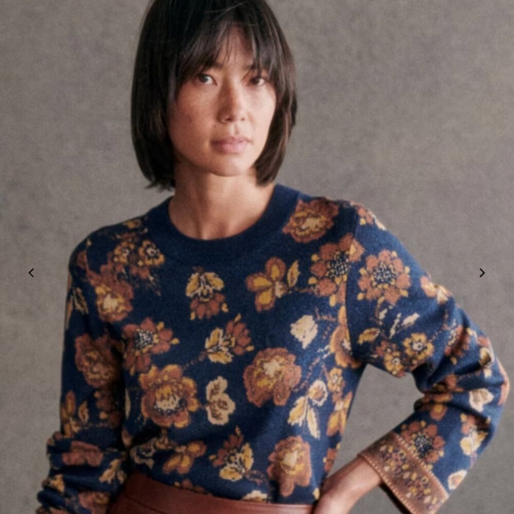 Sezane Navy Floral Crewneck Sweater with Mustard & Brown Flowers